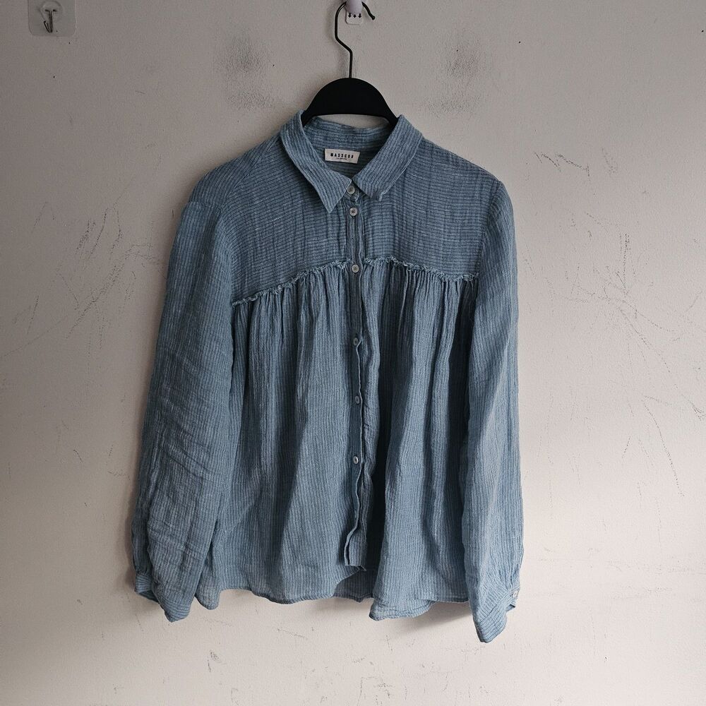 Masscob Linen Babydoll Blouse Button Down Shirt Blue Cottagecore Fairycore M